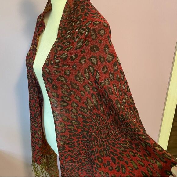 Pashmina Scarf Silk Blend Wrap Red Leopard Animal Print Fringe Shawl - Picture 6 of 10